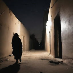 A chilling scene of horror in the streets of Nouakchott at night, with eerie shadows, desolate buildings, and a sense of impending dread