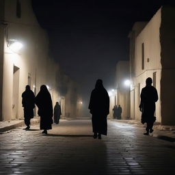 A chilling scene of horror in the streets of Nouakchott at night, with eerie shadows, desolate buildings, and a sense of impending dread