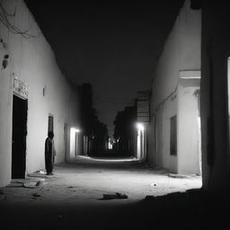 A chilling scene of horror in the streets of Nouakchott at night, with eerie shadows, desolate buildings, and a sense of impending dread