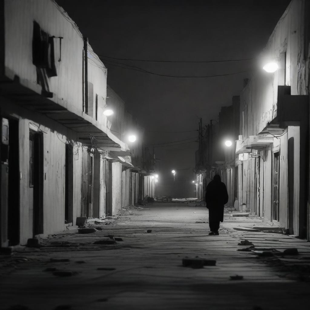 A chilling scene of horror in the streets of Nouakchott at night, with eerie shadows, desolate buildings, and a sense of impending dread