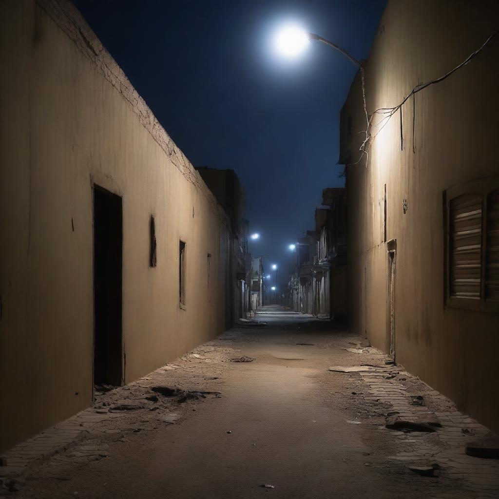 A chilling scene of horror in the streets of Nouakchott at night, with eerie shadows, desolate buildings, and a sense of impending dread