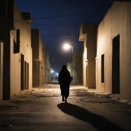 A chilling scene of horror in the streets of Nouakchott at night, with eerie shadows, desolate buildings, and a sense of impending dread