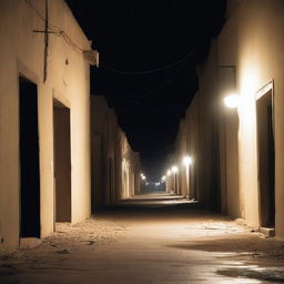 A chilling scene of horror in the streets of Nouakchott at night, with eerie shadows, desolate buildings, and a sense of impending dread