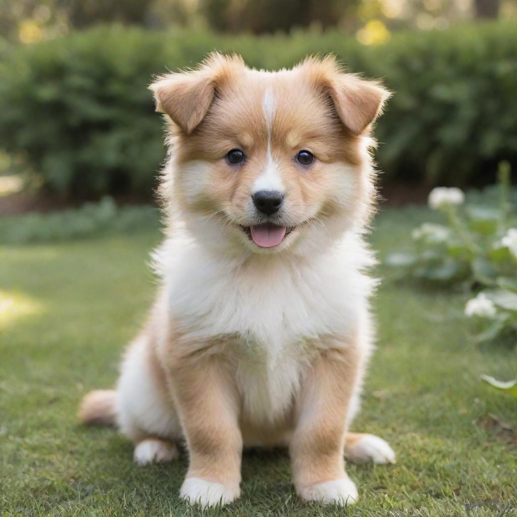 Adorable and playful puppy with gleaming eyes, fluffy fur, and wagging tail in a serene garden setting.