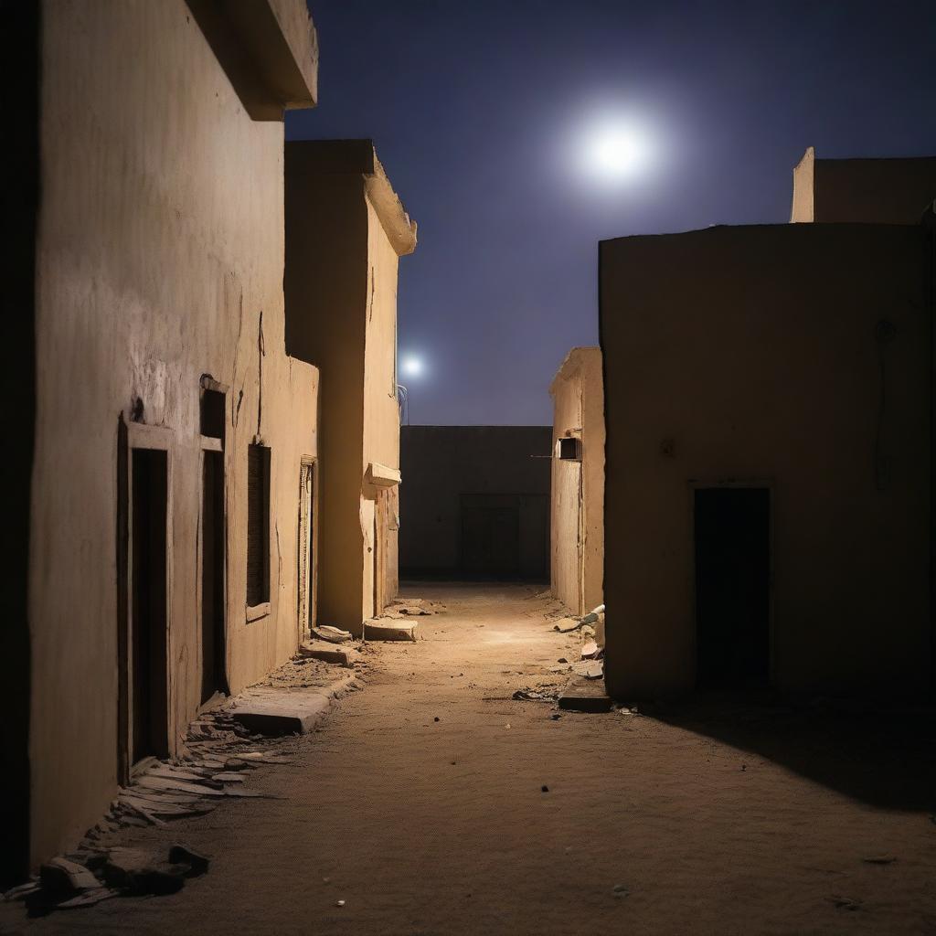 A chilling scene of horror in the streets of Nouakchott at night, with eerie shadows, desolate buildings, and a sense of impending dread