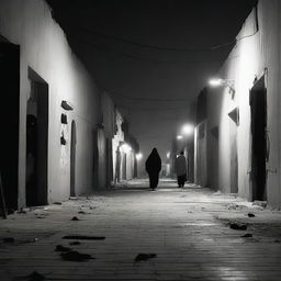 A chilling scene of horror in the streets of Nouakchott at night, with eerie shadows, desolate buildings, and a sense of impending dread