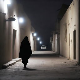 A chilling scene of horror in the streets of Nouakchott at night, with eerie shadows, desolate buildings, and a sense of impending dread