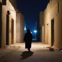 A chilling scene of horror in the streets of Nouakchott at night, with eerie shadows, desolate buildings, and a sense of impending dread