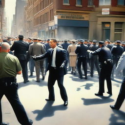 A scene depicting a crime in broad daylight, with a bustling urban environment