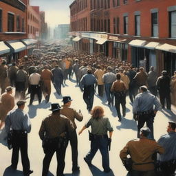 A scene depicting a crime in broad daylight, with a bustling urban environment