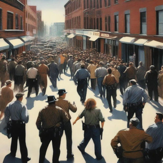 A scene depicting a crime in broad daylight, with a bustling urban environment