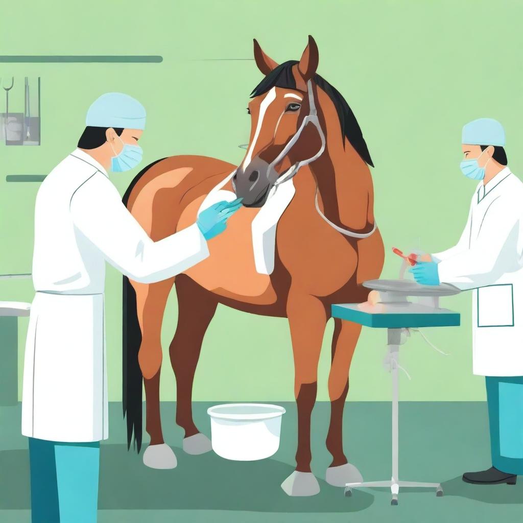 A detailed illustration of a horse undergoing a veterinary castration procedure