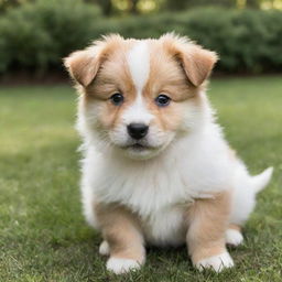 Adorable and playful puppy with gleaming eyes, fluffy fur, and wagging tail in a serene garden setting.