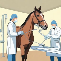 A detailed illustration of a horse undergoing a veterinary castration procedure