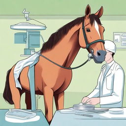 A detailed illustration of a horse undergoing a veterinary castration procedure