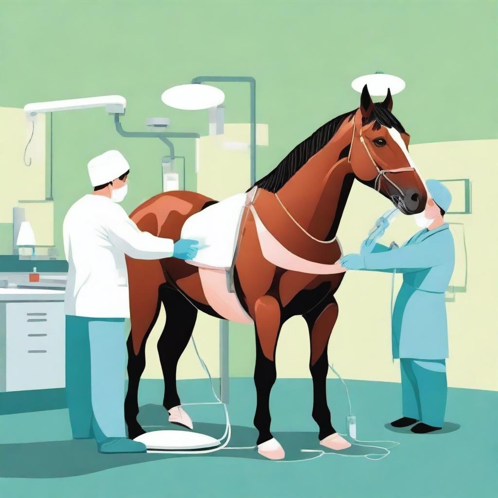 A detailed illustration of a horse undergoing a veterinary castration procedure