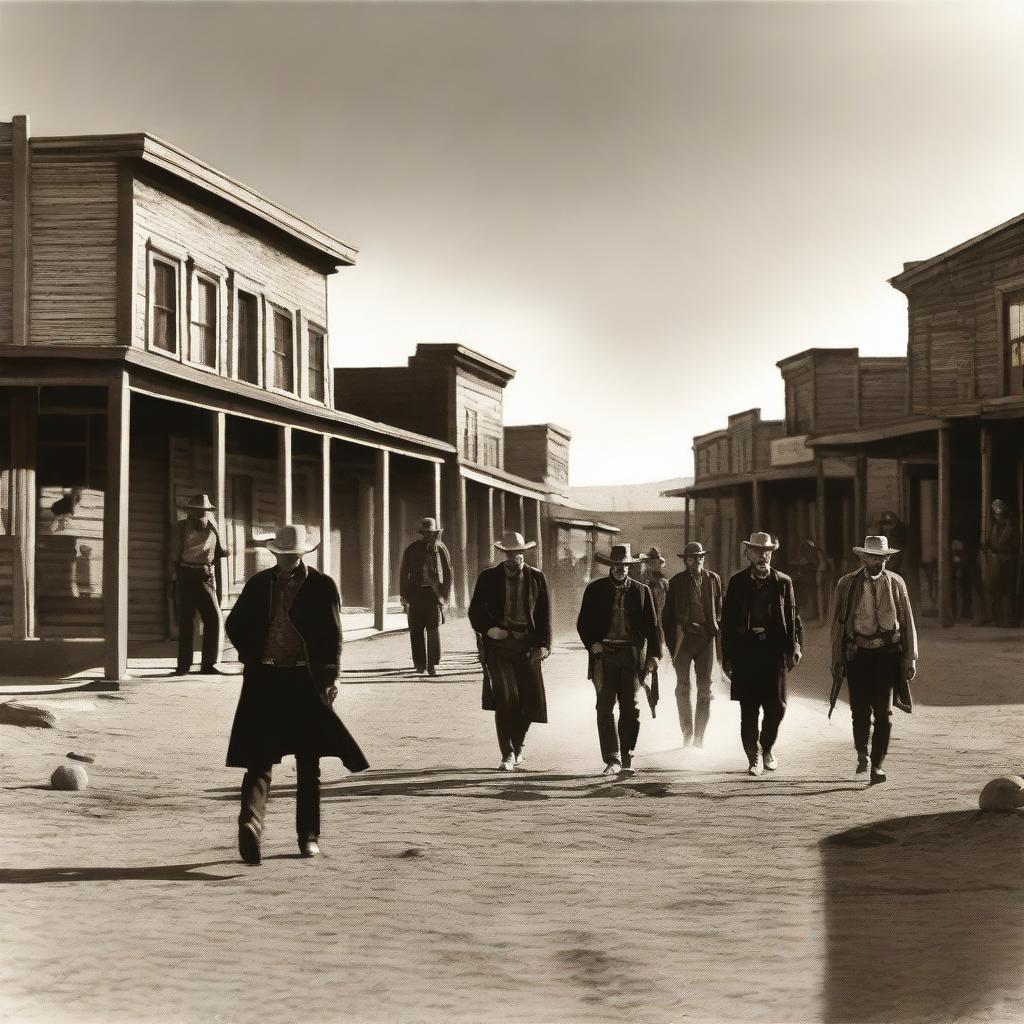 A detailed western scene featuring the famous gunfight at the OK Corral in 1881