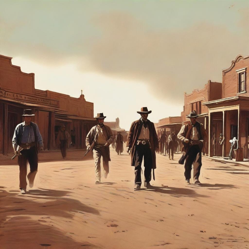 A detailed western scene featuring the famous gunfight at the OK Corral in 1881