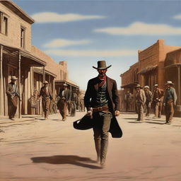 A detailed western scene featuring the famous gunfight at the OK Corral in 1881