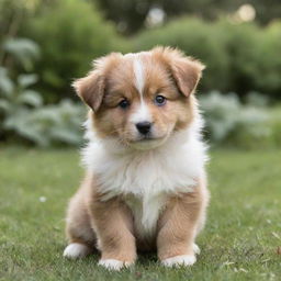 Adorable and playful puppy with gleaming eyes, fluffy fur, and wagging tail in a serene garden setting.