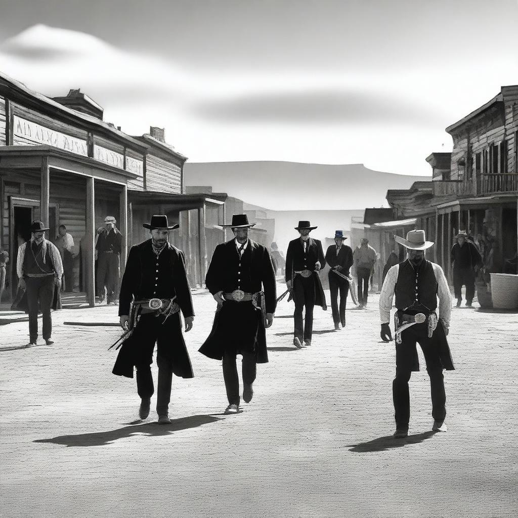 A vivid western scene depicting the famous gunfight at the OK Corral in 1881 between the Earp and McLaury factions