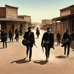 A vivid western scene depicting the famous gunfight at the OK Corral in 1881 between the Earp and McLaury factions