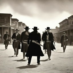 A vivid western scene depicting the famous gunfight at the OK Corral in 1881 between the Earp and McLaury factions