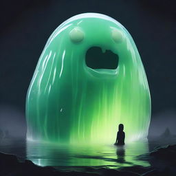 A person trapped inside a large, translucent slime monster blob