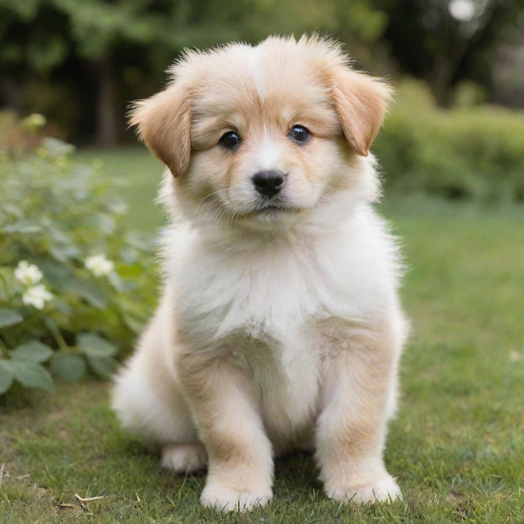 Adorable and playful puppy with gleaming eyes, fluffy fur, and wagging tail in a serene garden setting.