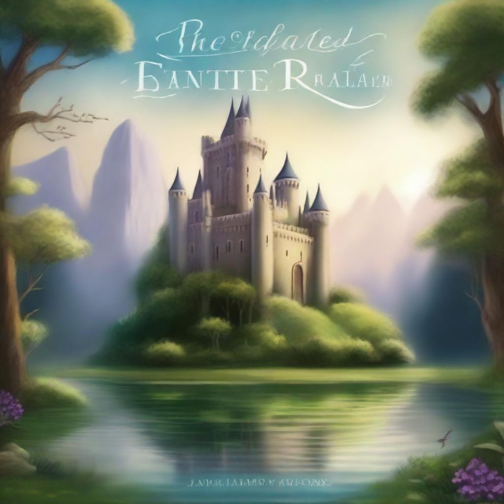 Create a book cover featuring a fantastical landscape with a majestic castle in the background, surrounded by lush forests and a serene river flowing through