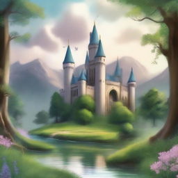 Create a book cover featuring a fantastical landscape with a majestic castle in the background, surrounded by lush forests and a serene river flowing through