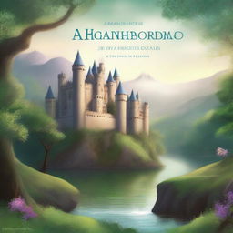 Create a book cover featuring a fantastical landscape with a majestic castle in the background, surrounded by lush forests and a serene river flowing through