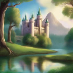 Create a book cover featuring a fantastical landscape with a majestic castle in the background, surrounded by lush forests and a serene river flowing through