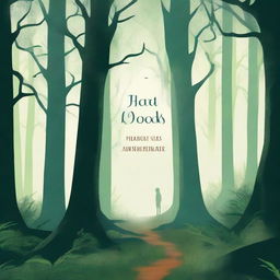 Design a book cover showcasing a mysterious forest with ancient, towering trees and a hidden path leading to an unknown destination