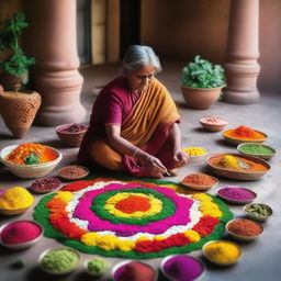 An elderly woman is creating a beautiful rangoli design using a variety of colorful vegetables