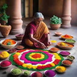 An elderly woman is creating a beautiful rangoli design using a variety of colorful vegetables