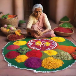 An elderly woman is creating a beautiful rangoli design using a variety of colorful vegetables