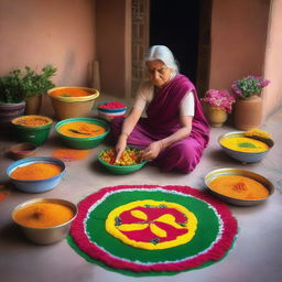 An elderly woman is creating a beautiful rangoli design using a variety of colorful vegetables