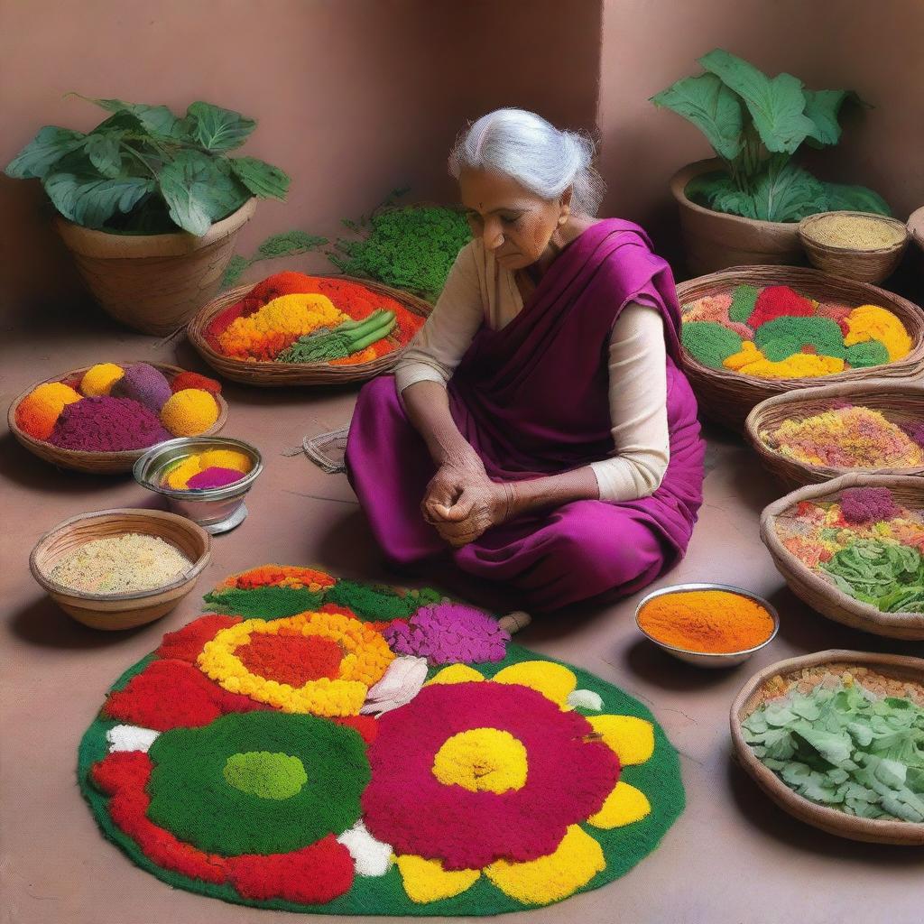 An elderly woman is creating a beautiful rangoli design using a variety of colorful vegetables