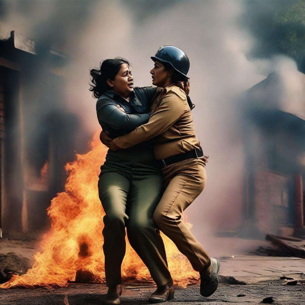 An Indian female police officer is heroically rescuing an elderly woman from a burning building