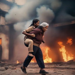 An Indian female police officer is heroically rescuing an elderly woman from a burning building