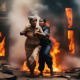 An Indian female police officer is heroically rescuing an elderly woman from a burning building