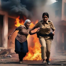 An Indian female police officer is heroically rescuing an elderly woman from a burning building