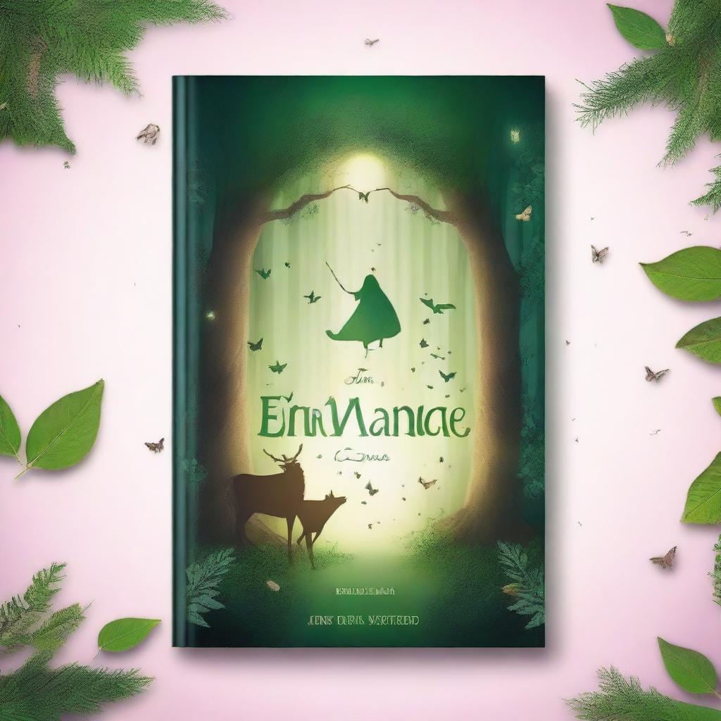 Create a captivating book cover featuring an enchanted forest with mystical creatures