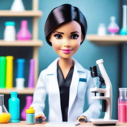 Create an image of a scientist Barbie with short black hair and highlights