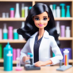 Create an image of a scientist Barbie with short black hair and highlights