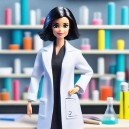 Create an image of a scientist Barbie with short black hair and highlights