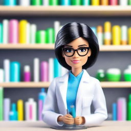 Create an image of a scientist Barbie with short black hair and highlights