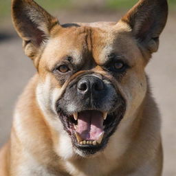 A large menacing dog with furrowed brows, showing its teeth in a fierce snarl.