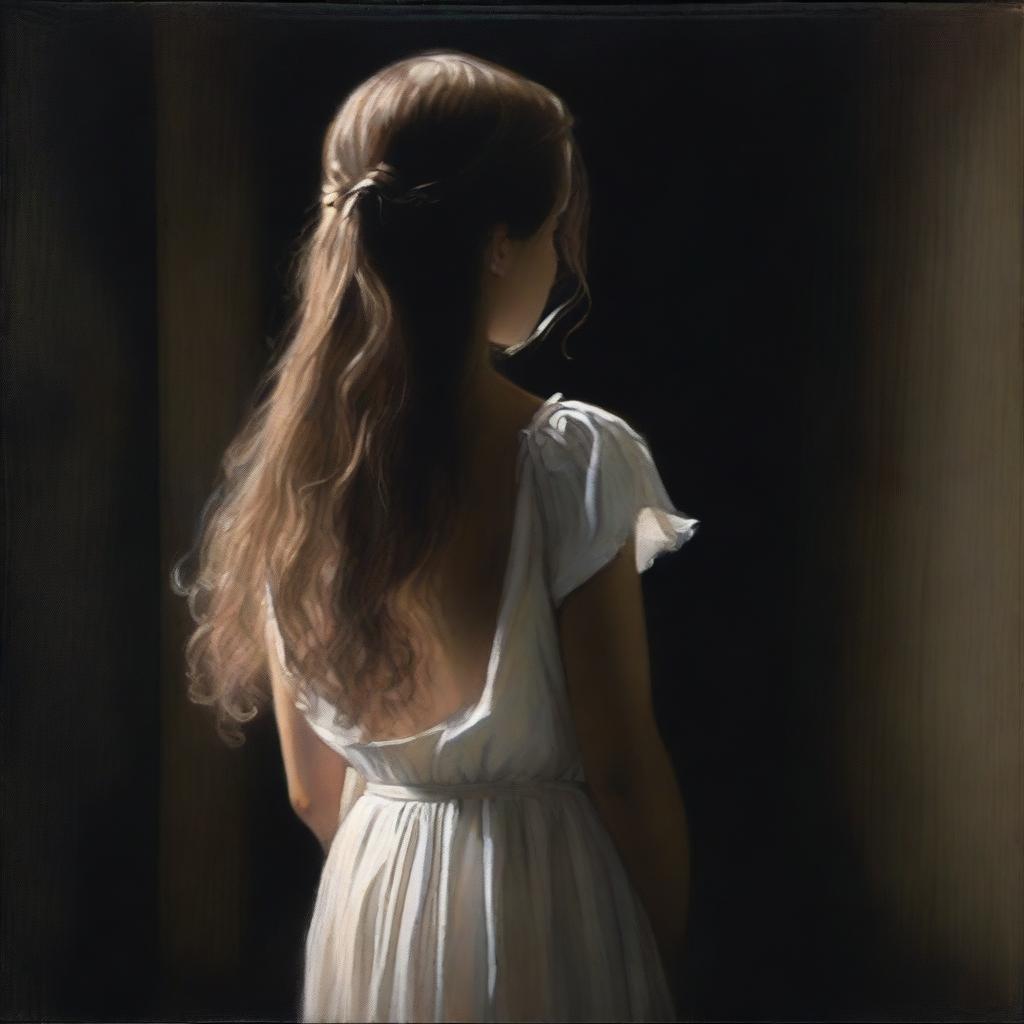 An elegant young girl with her back facing the viewer, standing in a dark room